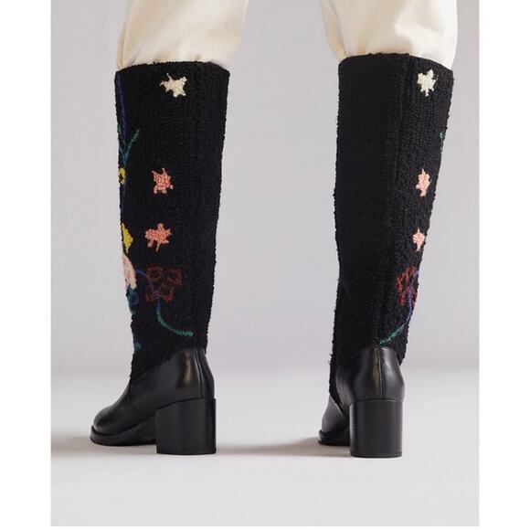 NWT Anthropologie Emily Isabella Black Leather Wool Flower Boots Size - Picture 4 of 15